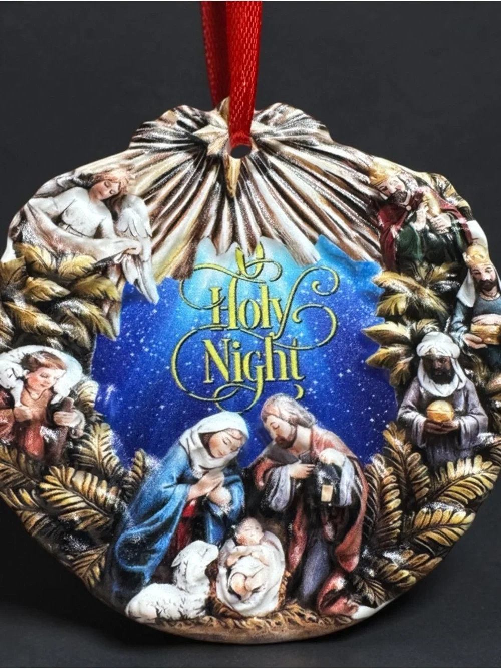 NIB O Holy Night Nativity Ornament 3D Porcelain Religious Christmas Decor